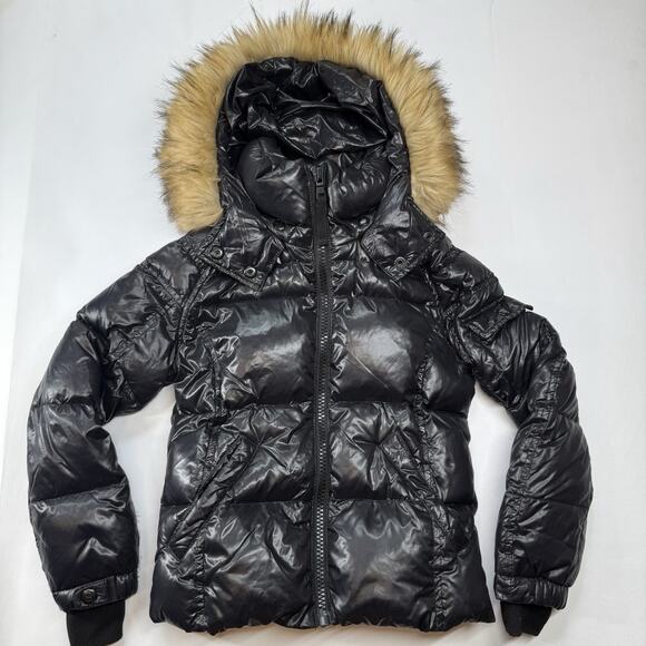 S13 New York Black Fur Trimmed Hooded Down Filled Girl's Puffer Jacket Size 8 - Picture 1 of 8